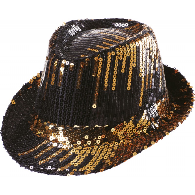 Pailletten-Hut Disco-Hut schwarz mit Pailletten Fliege gold Silvester  Karneval K